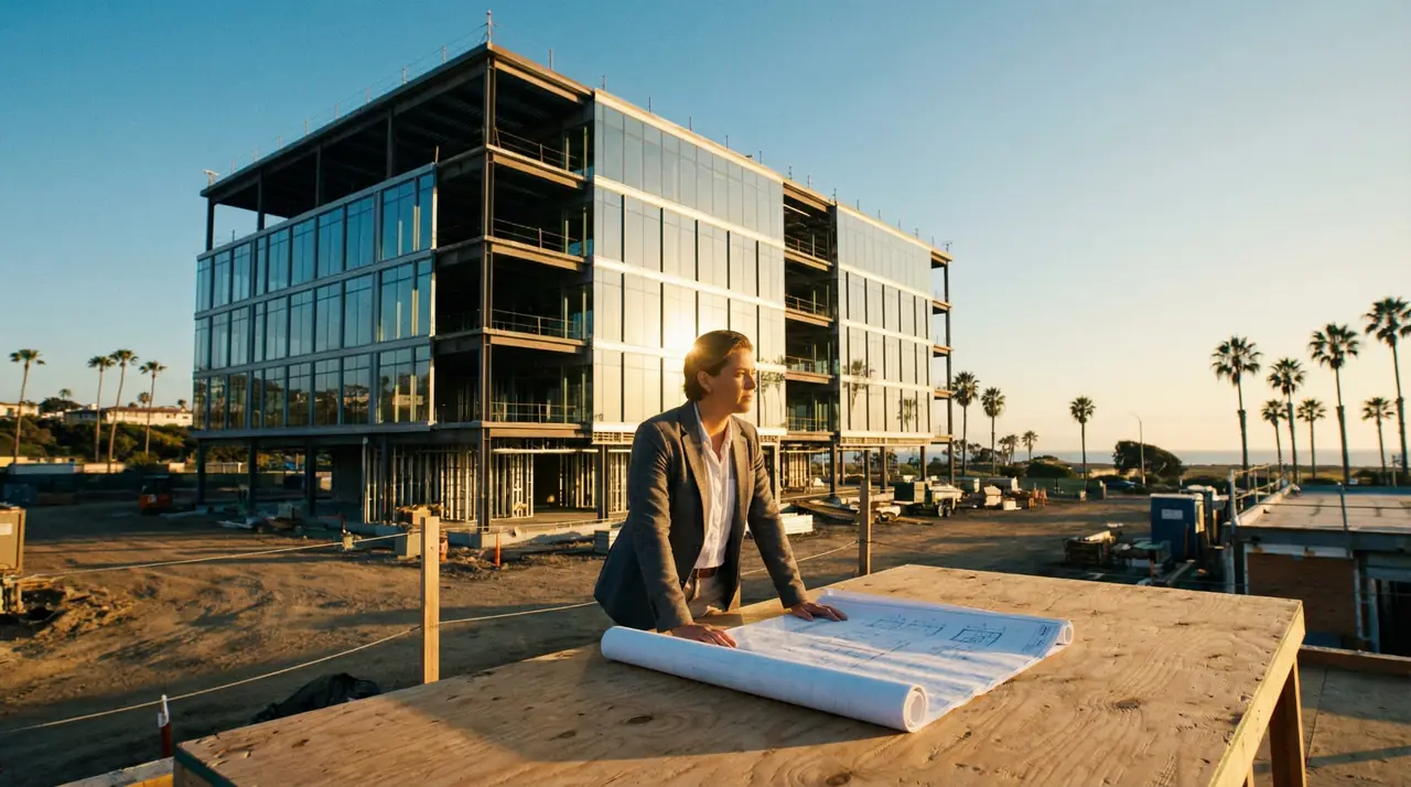 Construction management professional reviewing plans at a modern building site at golden hour